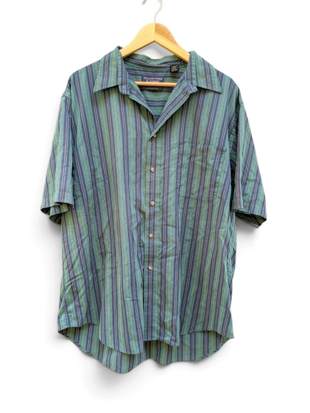 Roundtree & Yorke Blue and Green Striped Short-Sleeve Button Shirt
